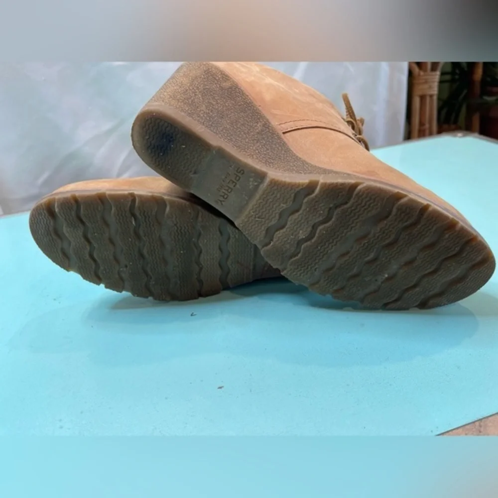 Sperry Boots Womens 7.5M Celeste Prow Ankle Booties‎ Tan Leather Wedge STS80147